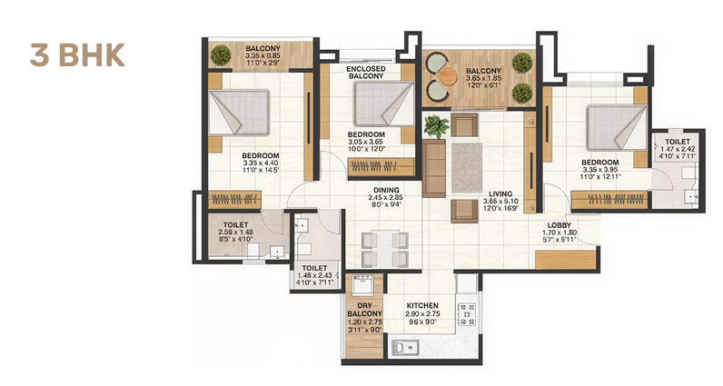 3BHK Floor Plan