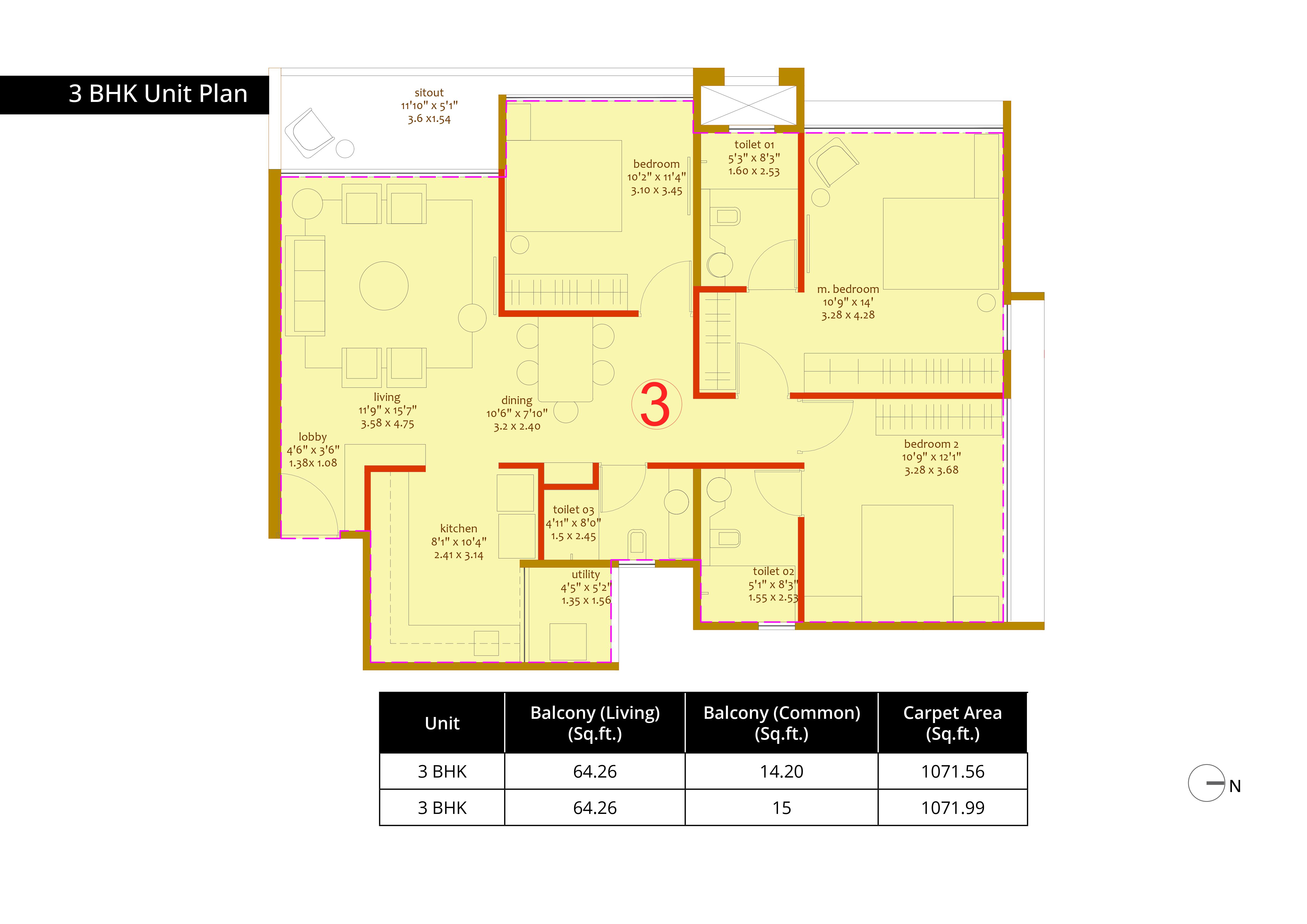 3BHK Floor Plan
